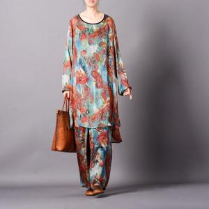 Comfy Style Ethnic Pattern Silk Sets Plus Size Vintage Two-Pieces