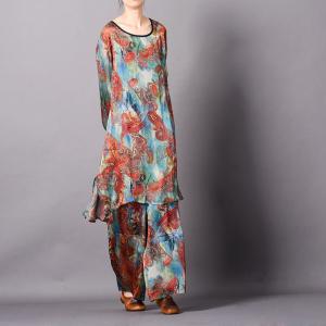 Comfy Style Ethnic Pattern Silk Sets Plus Size Vintage Two-Pieces