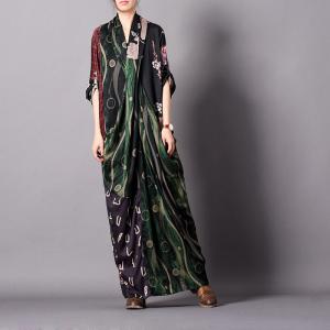 Dark Colored Printed Maxi Dress Loose Spring Designer Dress