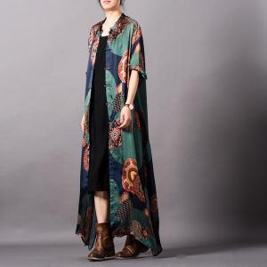 Cheongsam-Like Silky Vintage Cardigan Round Prints Plus Size Shirt Dress