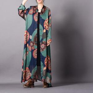 Cheongsam-Like Silky Vintage Cardigan Round Prints Plus Size Shirt Dress