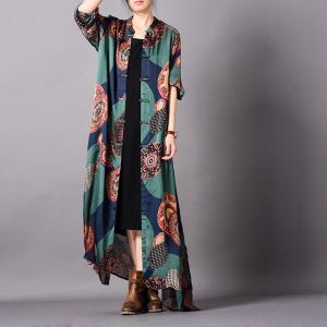 Cheongsam-Like Silky Vintage Cardigan Round Prints Plus Size Shirt Dress