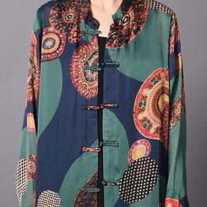 Cheongsam-Like Silky Vintage Cardigan Round Prints Plus Size Shirt Dress