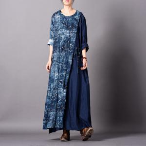 Lotus Prints Cotton Linen Designer Dress Loose Blue Wrap Dress for Woman