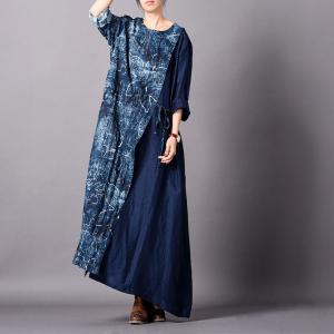 Lotus Prints Cotton Linen Designer Dress Loose Blue Wrap Dress for Woman