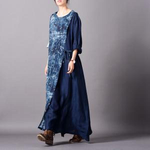 Lotus Prints Cotton Linen Designer Dress Loose Blue Wrap Dress for Woman