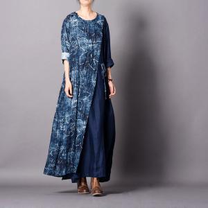 Lotus Prints Cotton Linen Designer Dress Loose Blue Wrap Dress for Woman