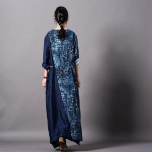 Lotus Prints Cotton Linen Designer Dress Loose Blue Wrap Dress for Woman