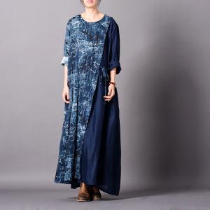 Lotus Prints Cotton Linen Designer Dress Loose Blue Wrap Dress for Woman