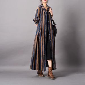 Vertical Stripes Folk Shirt Dress Cotton Linen Loose Outerwear