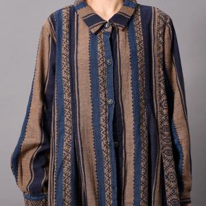 Vertical Stripes Folk Shirt Dress Cotton Linen Loose Outerwear