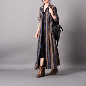 Vertical Stripes Folk Shirt Dress Cotton Linen Loose Outerwear