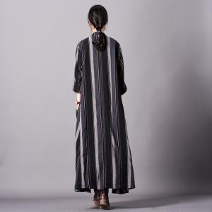 Patchwork Design Black Striped Cardigan Oversized Shirt Dress