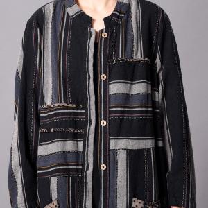 Patchwork Design Black Striped Cardigan Oversized Shirt Dress