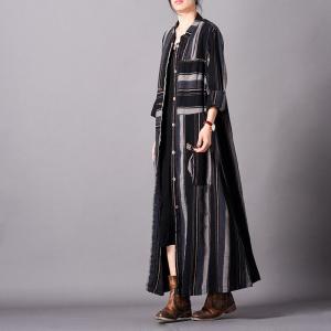 Patchwork Design Black Striped Cardigan Oversized Shirt Dress