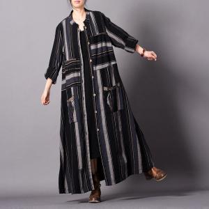 Patchwork Design Black Striped Cardigan Oversized Shirt Dress