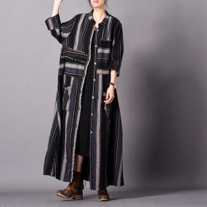 Patchwork Design Black Striped Cardigan Oversized Shirt Dress