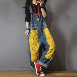 Contrast Color Straight-Leg Overalls Denim Baggy Ripped Jumpsuits