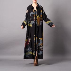 High-End Abstract Prints Black Cardigan Vintage Oversized Shirt Dress