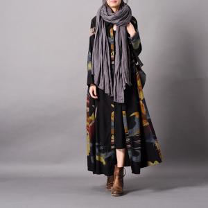 High-End Abstract Prints Black Cardigan Vintage Oversized Shirt Dress