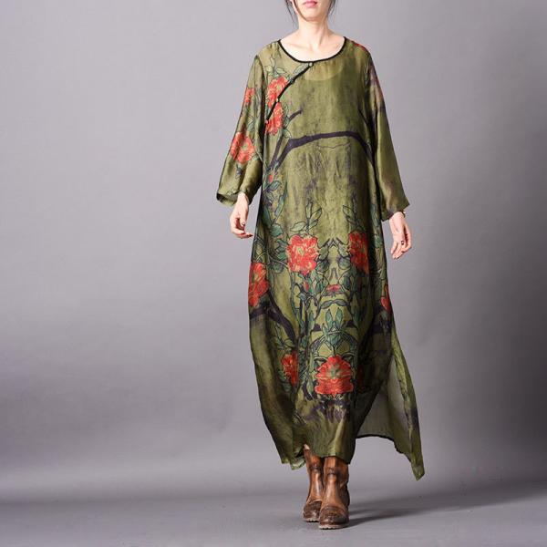 Rose Prints Loose Silk Dress Vintage Loose Qipao Dress with Camisole