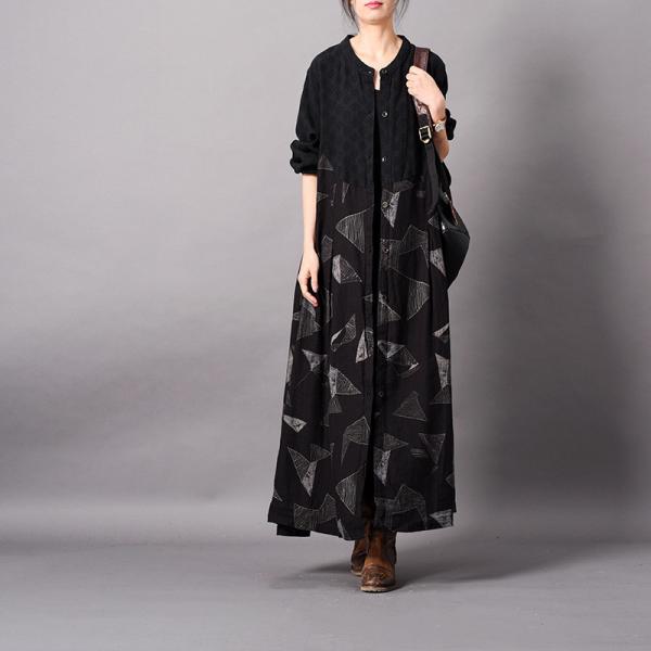 Geometric Pattern Linen Black Cardigan Oversized Button Down Shirt Dress