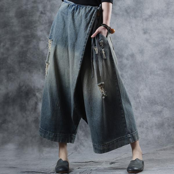 Street Fashion Designer Ripped Jeans Wide Leg Belted Harem Jeans