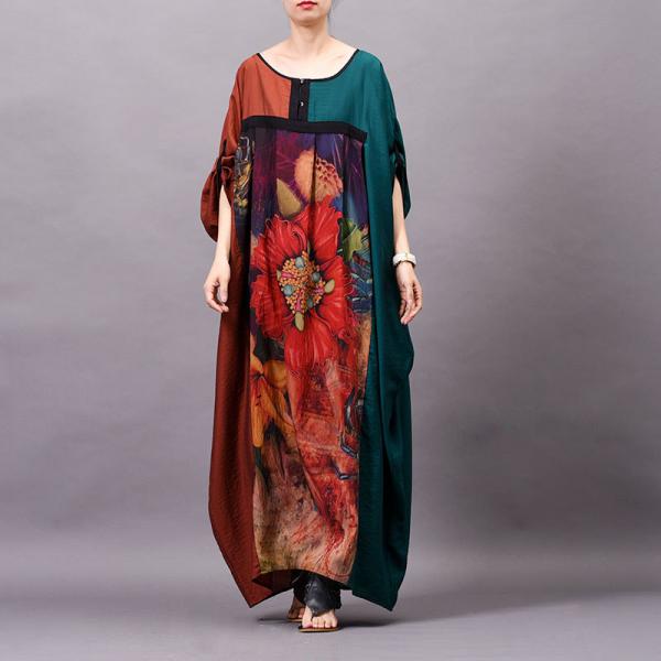 Contrast Color Plus Size Maxi Dress Silk Printed Caftan