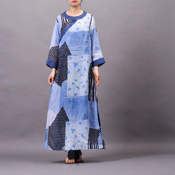 Blue Patchwork Big Slits Dress Loose Ramie Vacation Dress