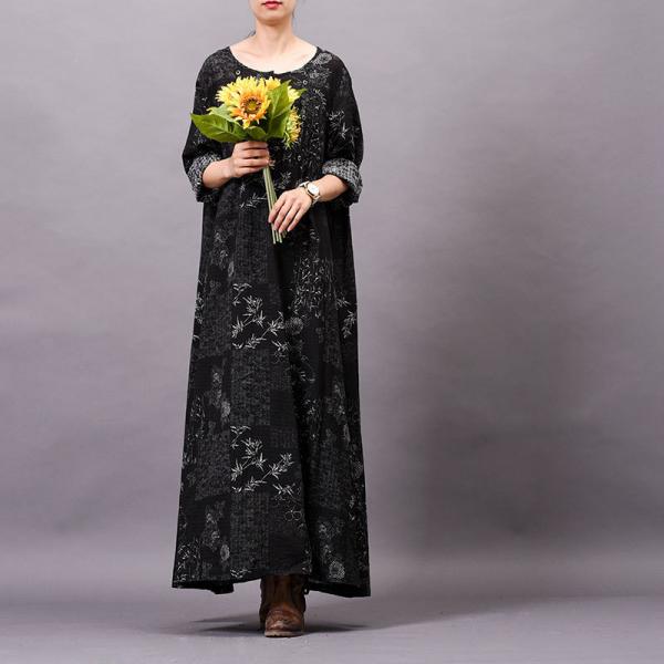 Retro Printed Long Sleeve Shift Dress Cotton Linen Maxi Dress