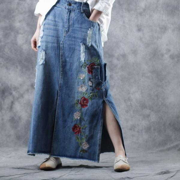 Exquisite Rose Embroidery Distressed Skirt Denim Pencil Skirt