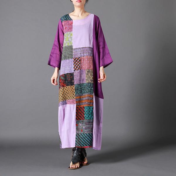 Purple Patchwork Ethnic Tent Dress Loose Ramie Vacation Dress