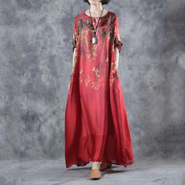 Chinese Style Printed Silk Dress Plus Size Vintage Maxi Dress