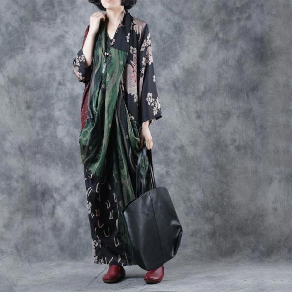 Vintage Printed Wrapped Maxi Dress Long Sleeve Silk Dress