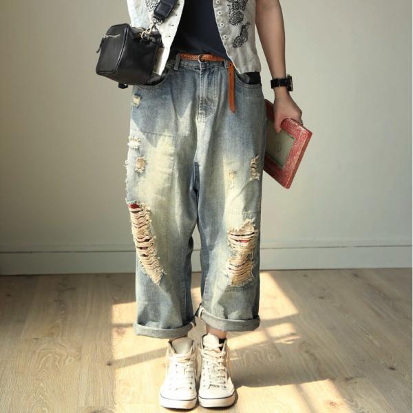 Street Style Baggy Ripped Jeans Womans Straight-Leg Jeans