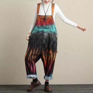 Street Fashion Color Print Denim Overalls Front Pockets Harem Jumpsuits