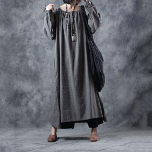 Puff Sleeve Plus Size Abaya Dress Ramie Casual Gray Dress