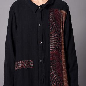 Folk-Styled Patchwork Black Cardigan Cotton Linen Oversized Shirt Dress