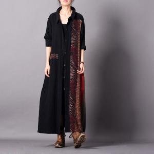 Folk-Styled Patchwork Black Cardigan Cotton Linen Oversized Shirt Dress