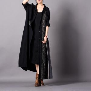 Folk-Styled Patchwork Black Cardigan Cotton Linen Oversized Shirt Dress