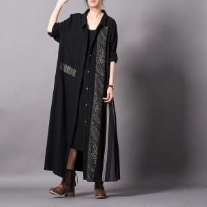 Folk-Styled Patchwork Black Cardigan Cotton Linen Oversized Shirt Dress