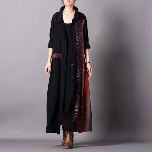 Folk-Styled Patchwork Black Cardigan Cotton Linen Oversized Shirt Dress