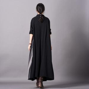 Folk-Styled Patchwork Black Cardigan Cotton Linen Oversized Shirt Dress