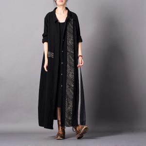 Folk-Styled Patchwork Black Cardigan Cotton Linen Oversized Shirt Dress