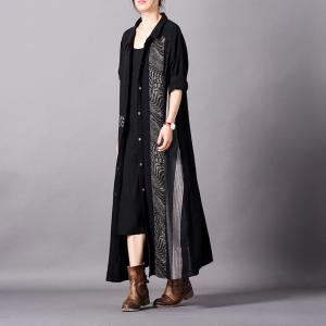 Folk-Styled Patchwork Black Cardigan Cotton Linen Oversized Shirt Dress