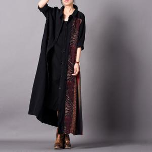 Folk-Styled Patchwork Black Cardigan Cotton Linen Oversized Shirt Dress