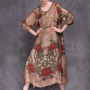 Rose Prints Loose Silk Dress Vintage Loose Qipao Dress with Camisole