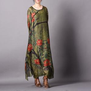 Rose Prints Loose Silk Dress Vintage Loose Qipao Dress with Camisole