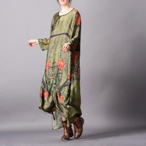 Rose Prints Loose Silk Dress Vintage Loose Qipao Dress with Camisole