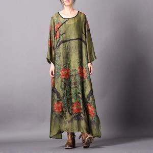Rose Prints Loose Silk Dress Vintage Loose Qipao Dress with Camisole